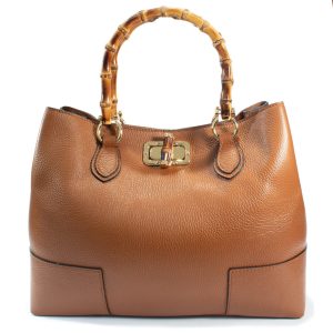 Borsa a Mano in Vera Pelle con Manico in Bamboo Flora
