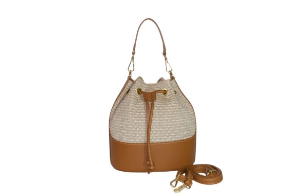 Borsa a Secchiello in rafia e pelle CLARA