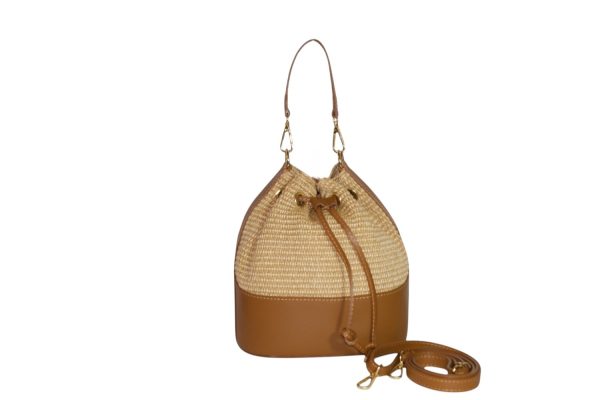 Borsa a Secchiello in rafia e pelle CLARA